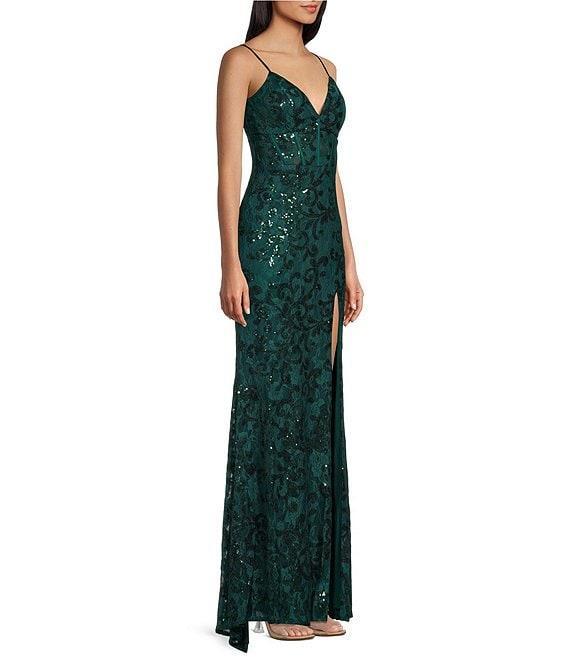 Blondie Nites Spaghetti Strap V-Neck Full Lace Strap Tie Back Dress Product Image