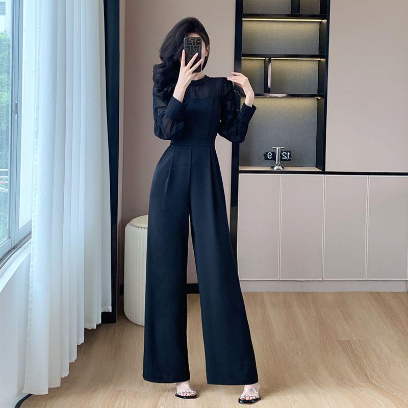 Long-Sleeve Crew Neck Two Tone Jumpsuit Product Image