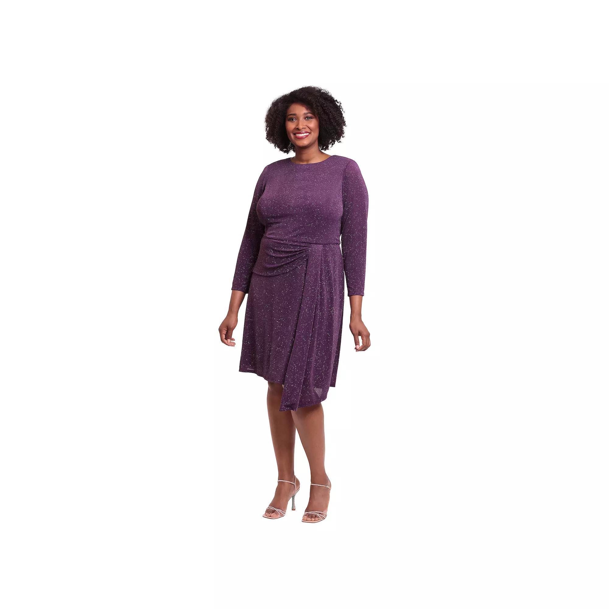 Plus Size London Times Sparkly Long Sleeve Drape Skirt Dress, Women's, Size: 22 W, Purple Product Image