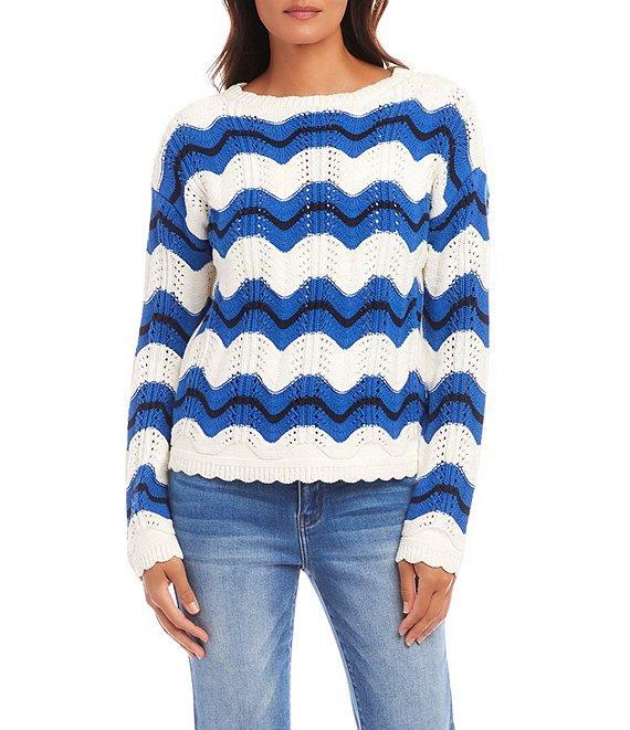 Karen Kane Knit Pointelle Zigzag Crew Neck Long Sleeve Top Product Image