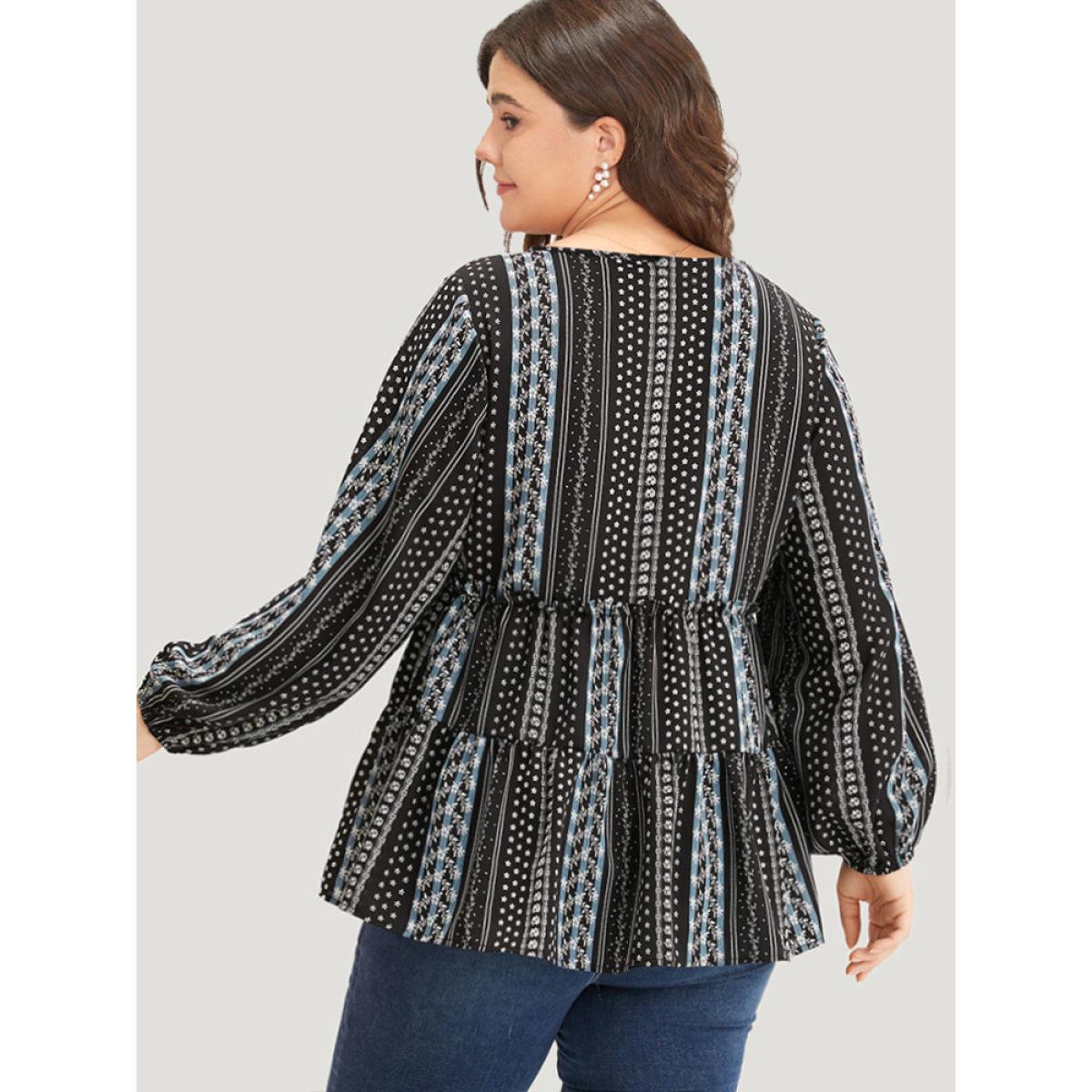 Plus Size BlackFlower Boho Print Frill Trim Ruffle Layered Hem Blouse Women Vacation Long Sleeve V-neck Vacation Blouses BloomChic 18-20/2X Product Image