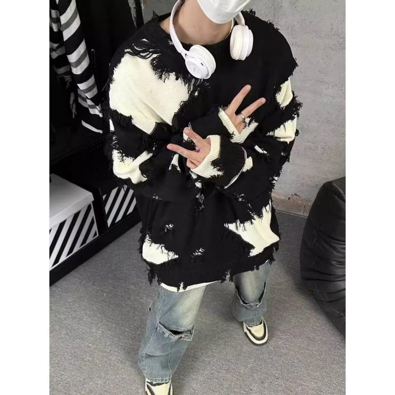 Crew Neck Star Print Fringed Sweater Product Image