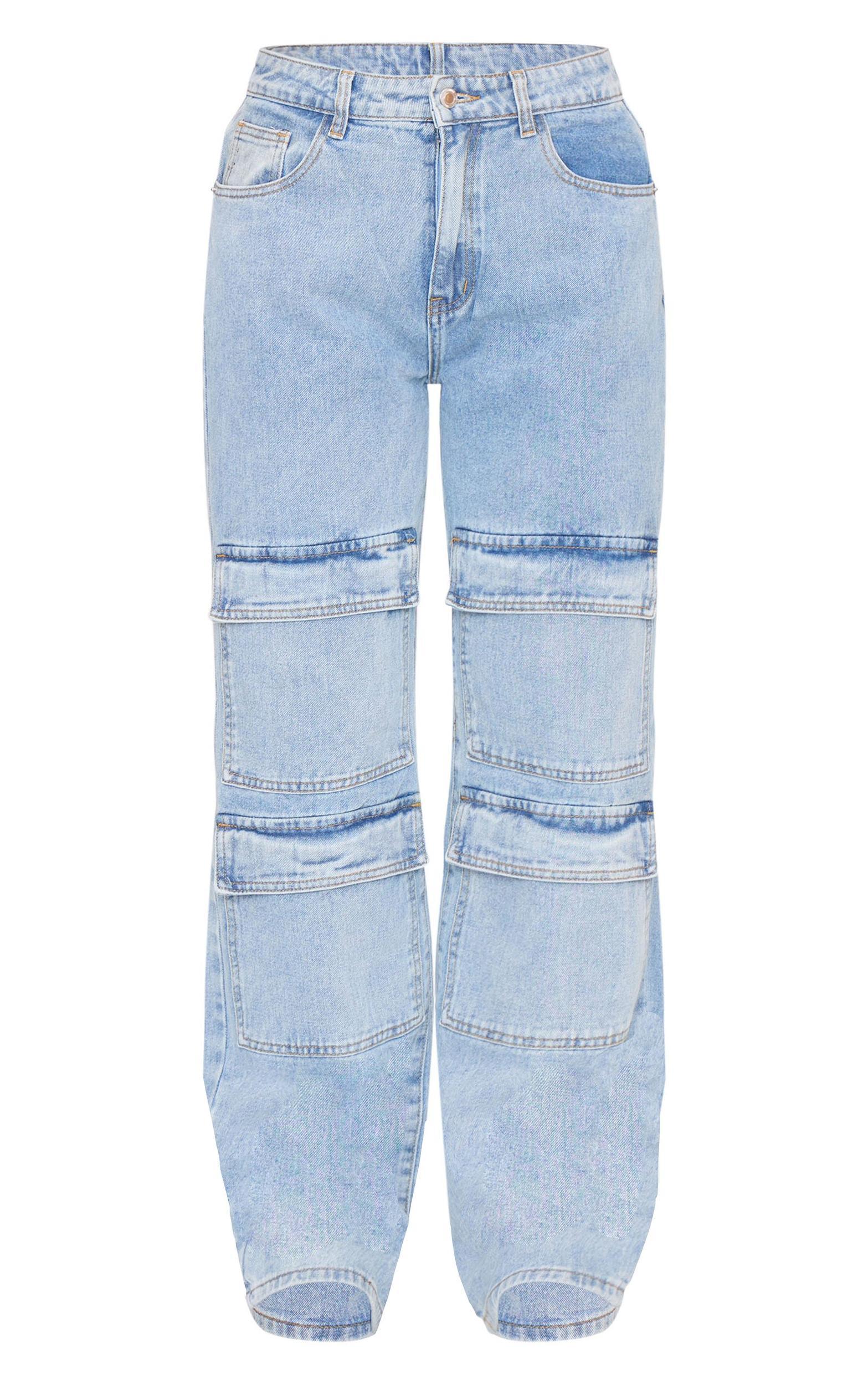 Light Blue Wash Cargo Front Pocket Baggy Boyfriend Jeans Product Image