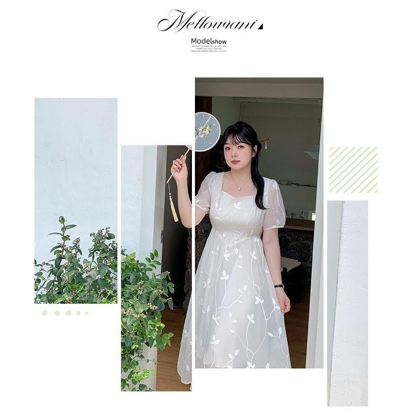 Short-Sleeve Leaf Embroidered Midi A-Line Dress Product Image