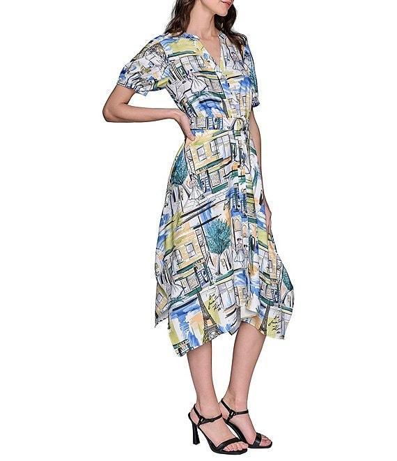KARL LAGERFELD PARIS Handkerchief Hem Split V-Neckline Short Sleeve Button Front Shirt Midi Dress Product Image