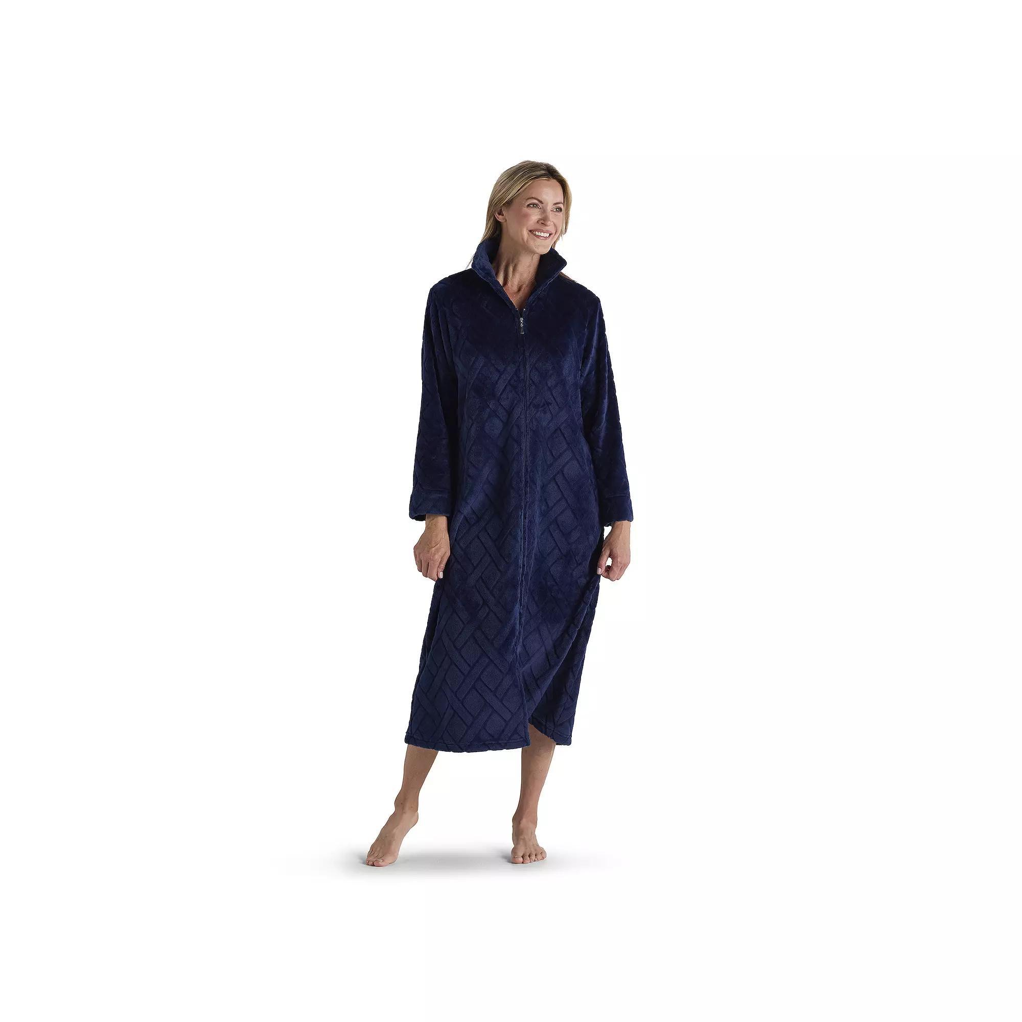 Petite Miss Elaine Essentials French Fleece Long Zip Robe, Womens Black Blue Product Image