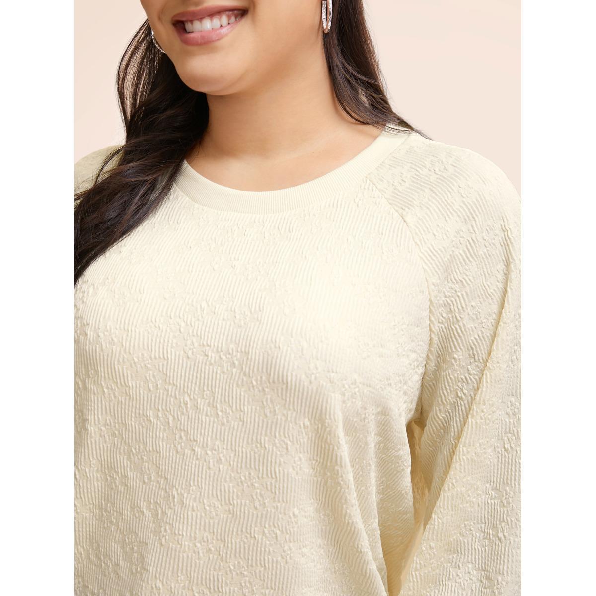 Plus Size Crew Neck Plain Textured Raglan Sleeve Sweatshirt Women Beige Elegant Texture Round Neck Everyday Sweatshirts BloomChic 28/5X Product Image
