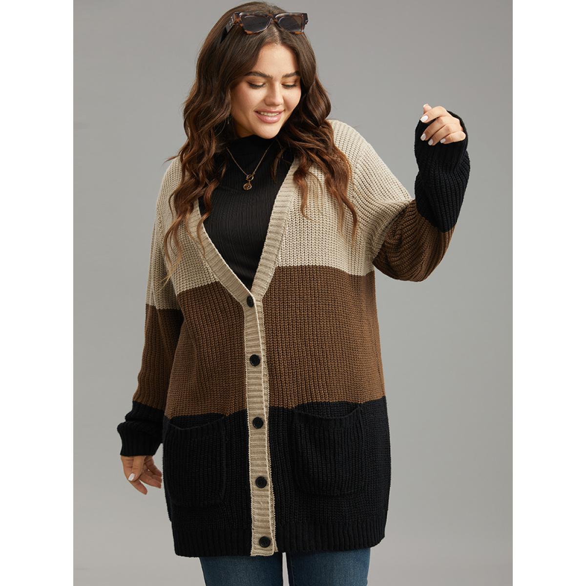 Plus Size Contrast Button Through Patched Pocket Cardigan Multicolor Women Casual Loose Long Sleeve Dailywear Cardigans BloomChic 14-16/1X Product Image