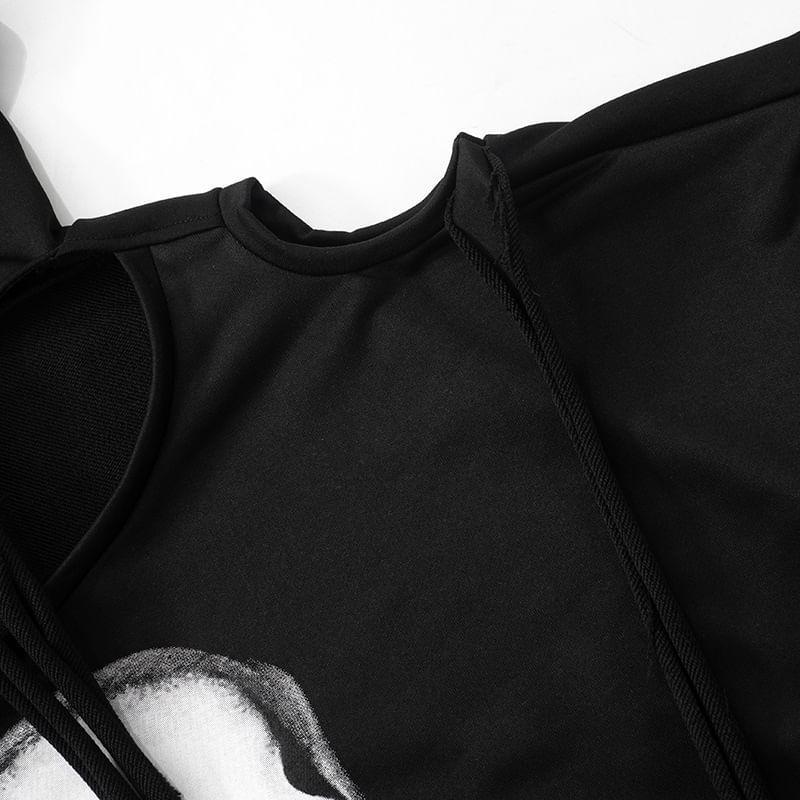 Asymmetrical Neck Cold Shoulder Skull Print Oversized Hoodie Product Image