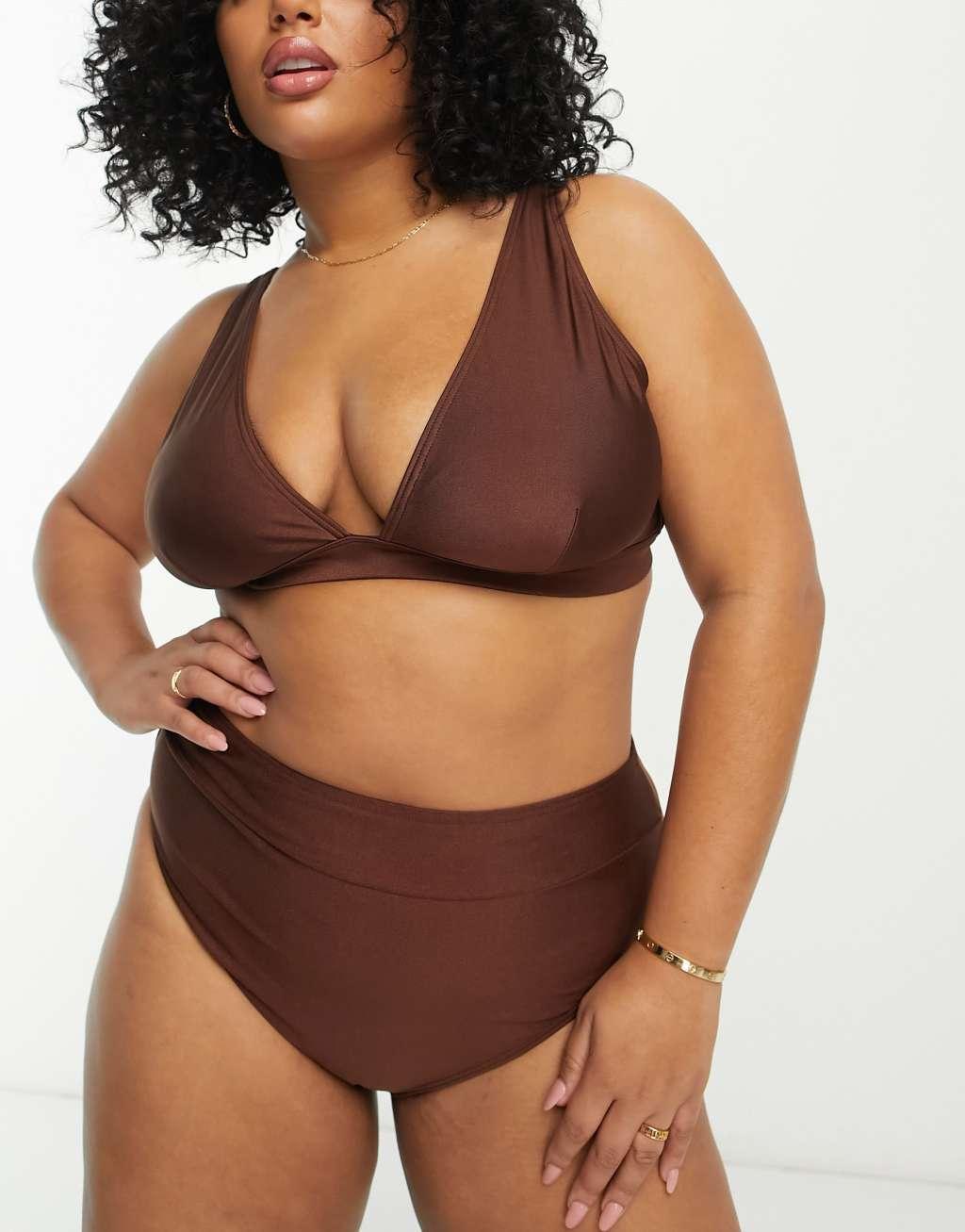 South Beach Curve Exclusive high apex triangle bikini top in high shine brown  Product Image