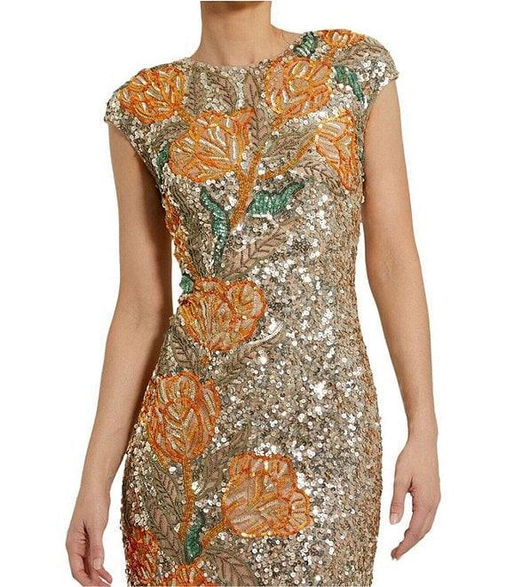 Mac Duggal Embellished Mesh Floral Beaded High Neck Cap Sleeve Mermaid Gown Product Image