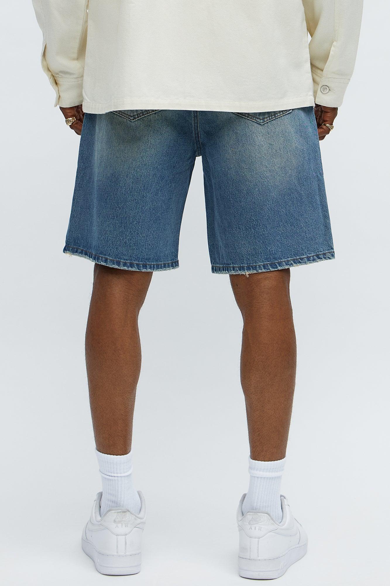 Relaxed Patches With Fray Distressed Denim Shorts - Vintage Blue Wash Product Image