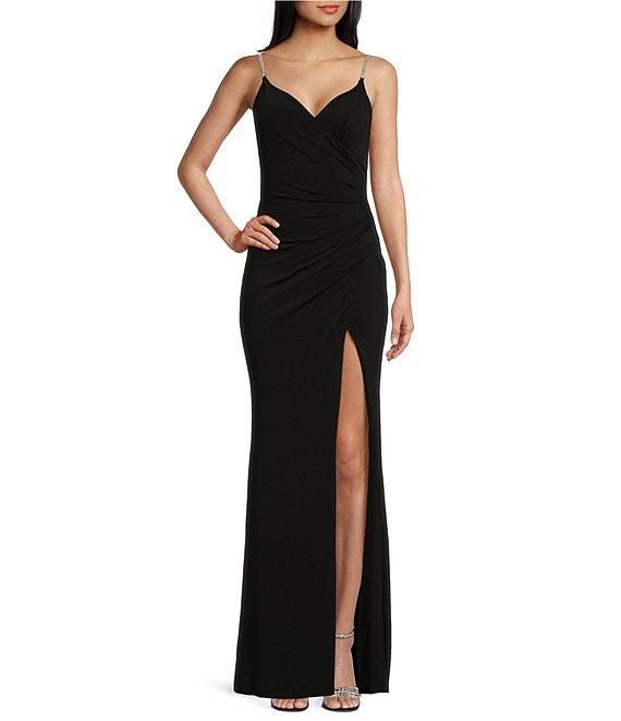 Midnight Doll Rhinestone Strap Front Slit Wrap Long Dress Product Image