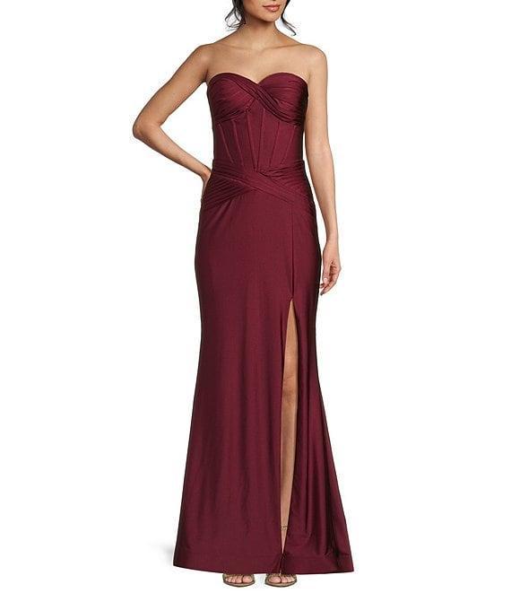 B. Darlin Shiny Knit Strapless Sweetheart Neck Pleated Front Slit Dress Product Image