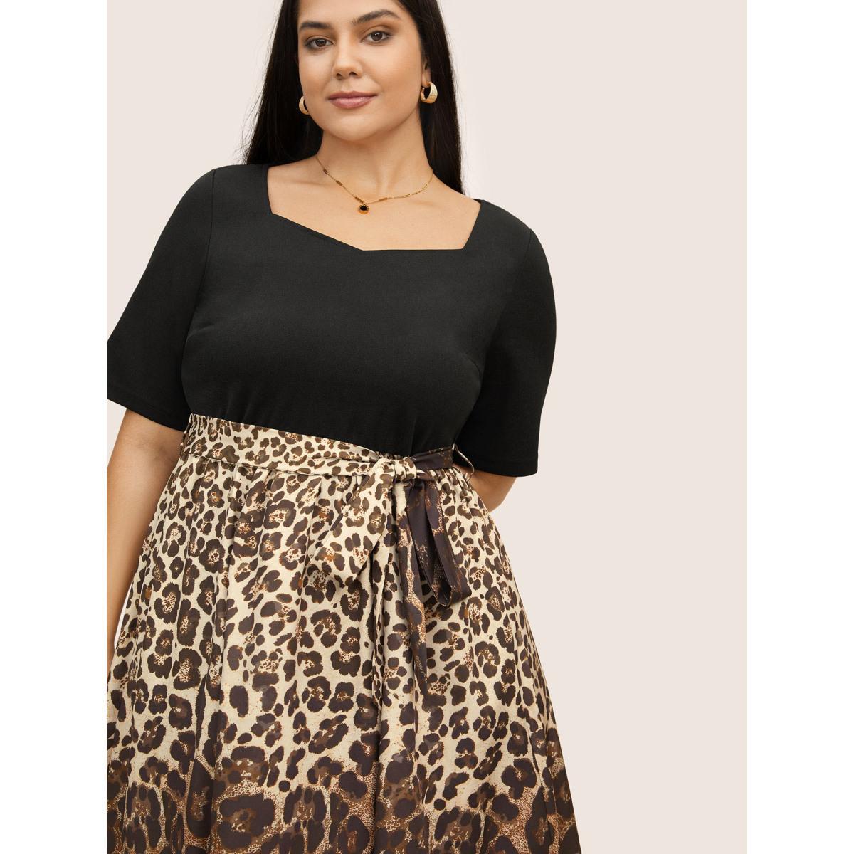 Plus Size Leopard Print Ombre Belted Heart Neckline Dress Tan Women At the Office Belted Heart neckline Half Sleeve Curvy BloomChic 12/L Product Image