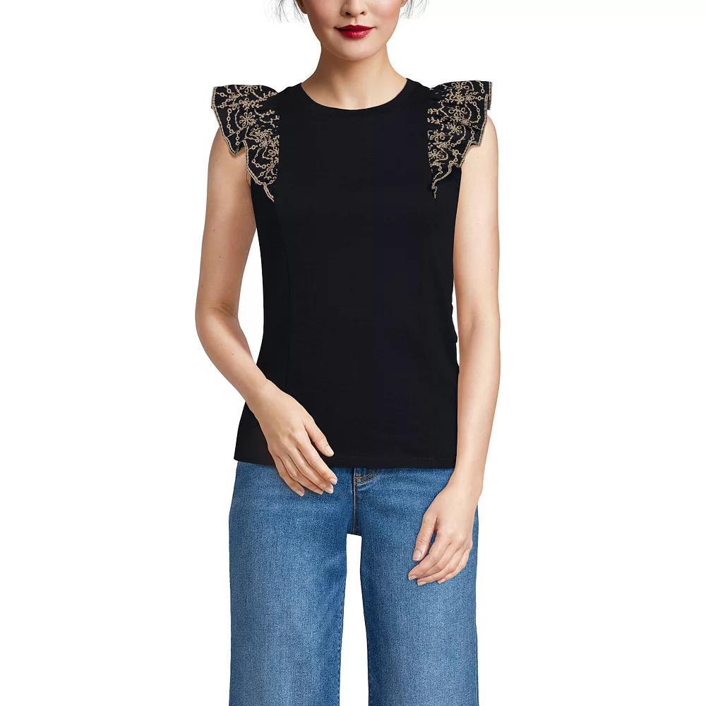 Women's Lands' End Embroidered Ruffle Tank Top, Size: XL, Black Product Image