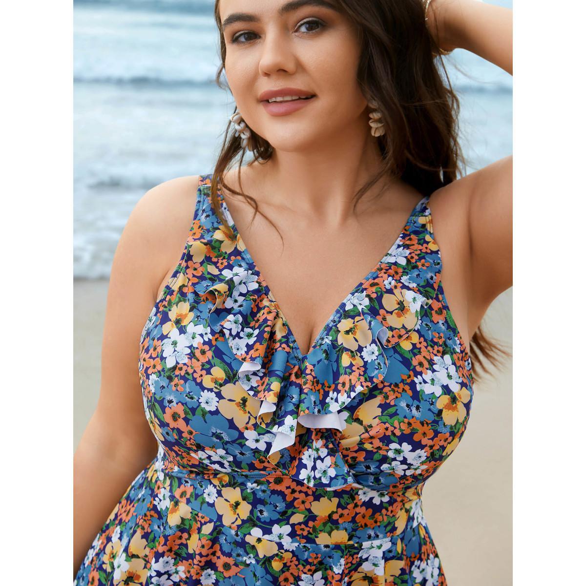 Plus Size Floral Ruffled Flared Swim Dress Women's Swimwear Multicolor Beach Bodycon Overlap Collar High stretch Curve Swim Dresses BloomChic 22-24/3X Product Image