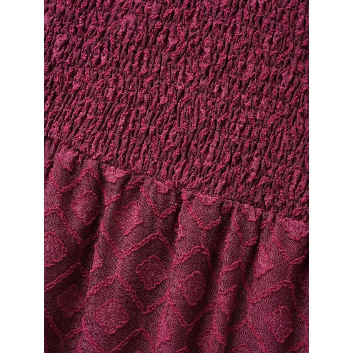 Plus Size Square Neck Textured Mesh Shirred Dress Burgundy Women Elegant Texture Square Neck Long Sleeve Curvy BloomChic 10/M Product Image