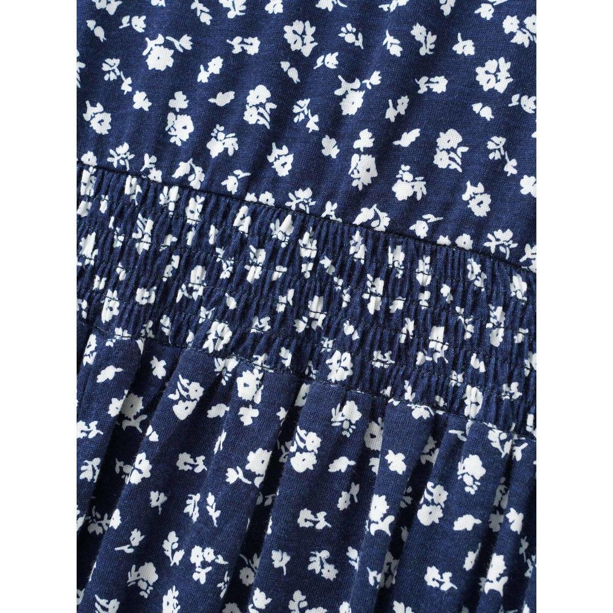 Plus Size Ditsy Floral V Neck Shirred Dress Navy Women Casual Shirred Overlap Collar Short sleeve Curvy BloomChic 18-20/2X Product Image