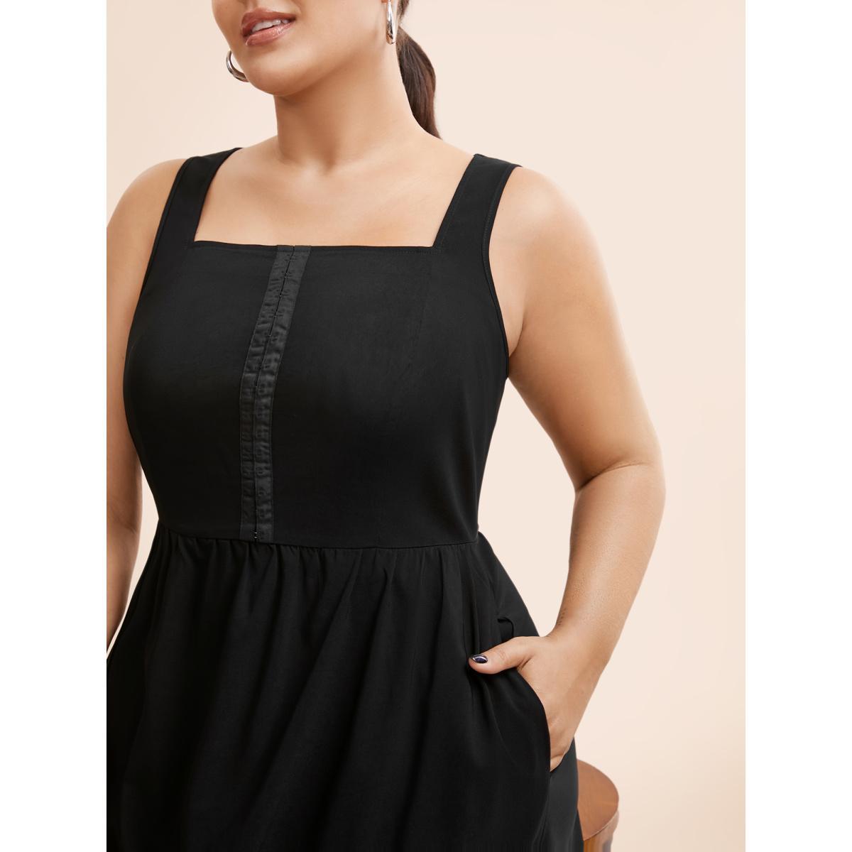 Plus Size Stretch Woven Pleated Flare Vest Midi Dress Black Women At the Office Gathered Square Neck Sleeveless Curvy BloomChic 28/5X Product Image