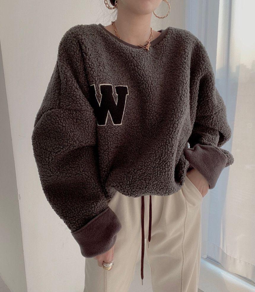 Round Neck Letter Embroidered Faux Shearling Oversized Sweatshirt Product Image