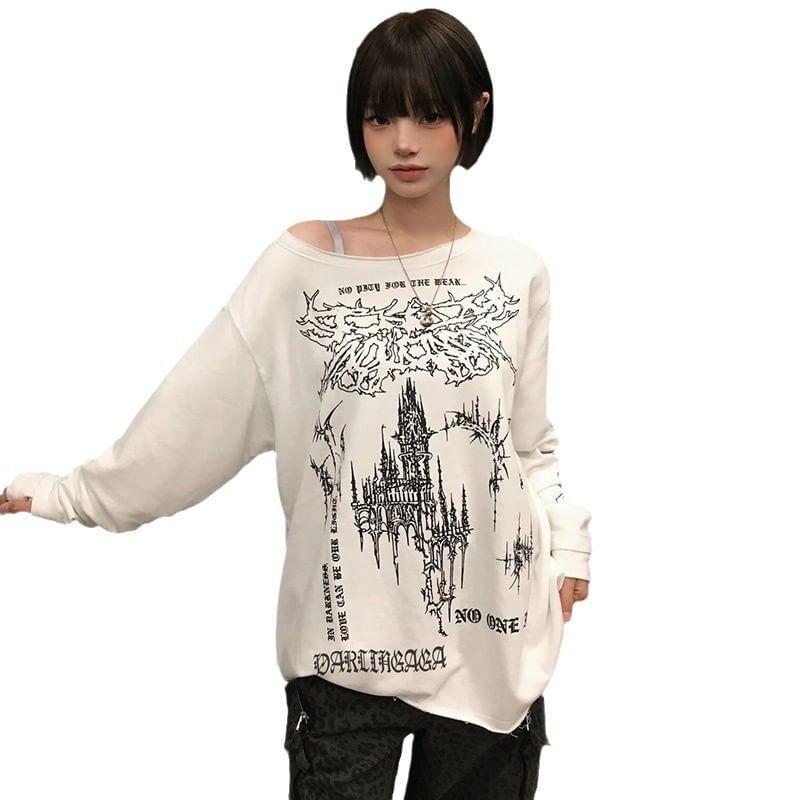 Long Sleeve Drop Shoulder Printed Oversized T-Shirt Product Image