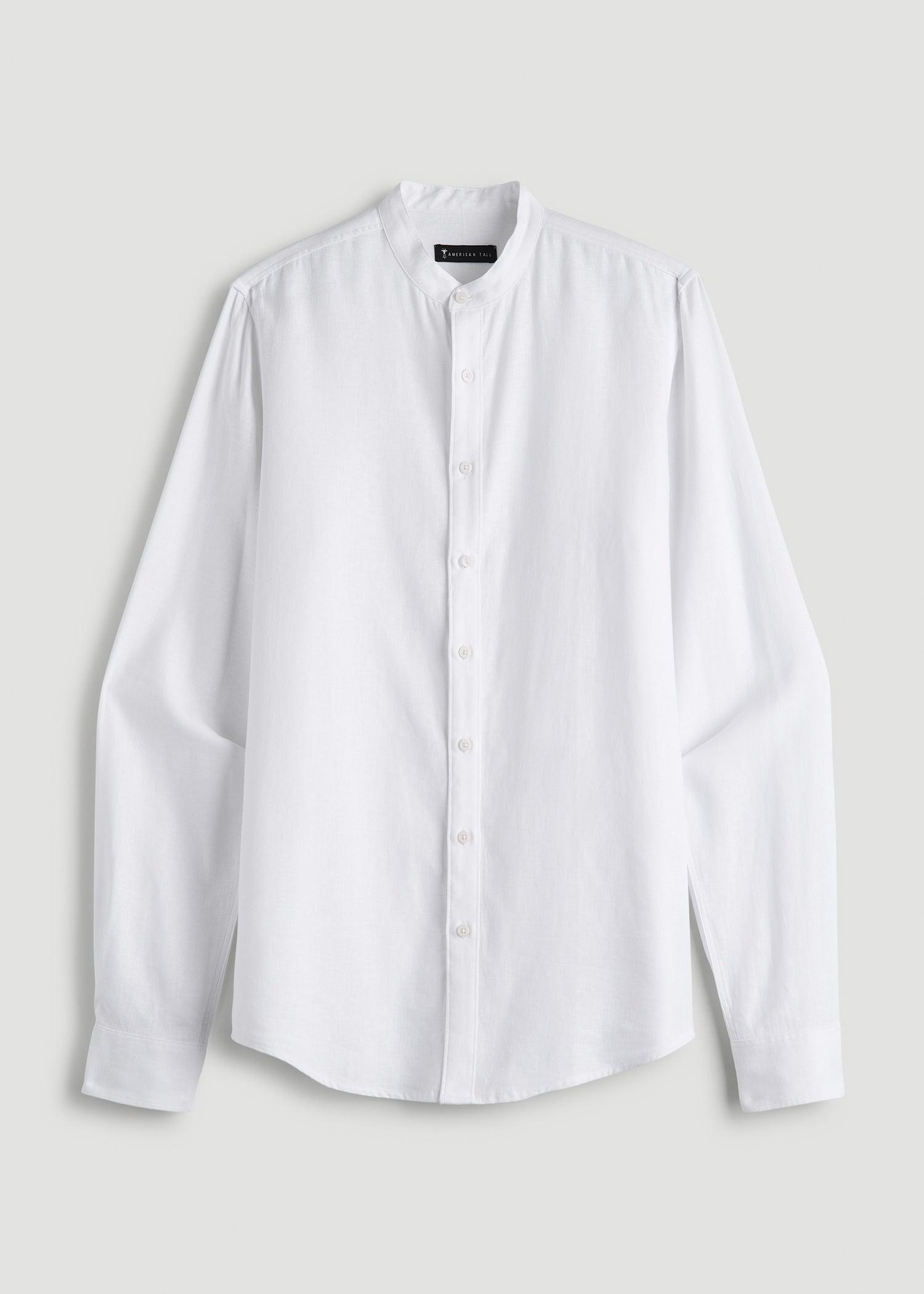 Band Collar Linen Button Shirt for Tall Men in Optic White Product Image