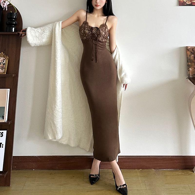 Spaghetti Strap Lace Panel Midi Codycon Dress Product Image