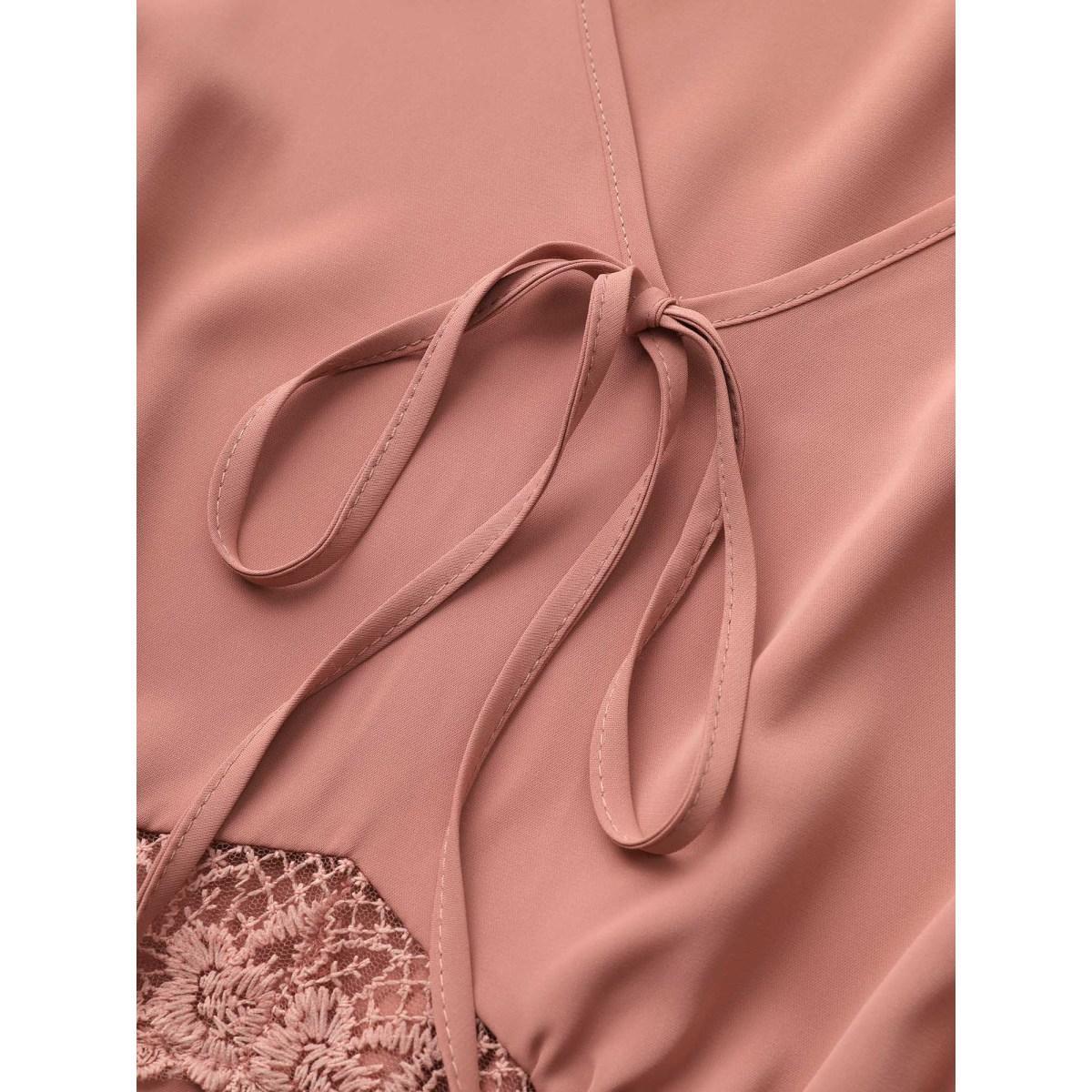 Plus Size Lace Insert Pocket Bowknot Hollow Out Dress DustyPink Women Elegant Elastic cuffs V-neck Long Sleeve Curvy Midi Dress BloomChic 22-24/3X Product Image