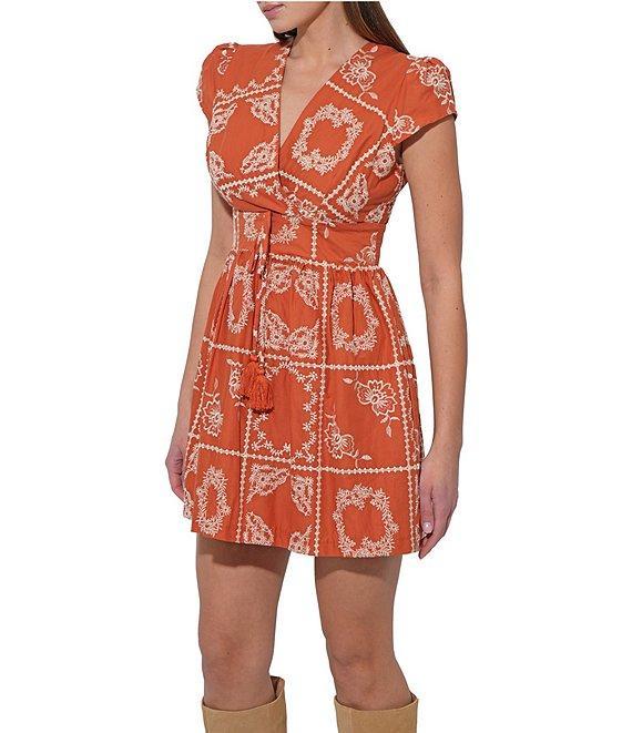 Adelyn Rae Selina Embroidery V-Neck Cap Sleeve Tassel A-Line Mini Dress Product Image