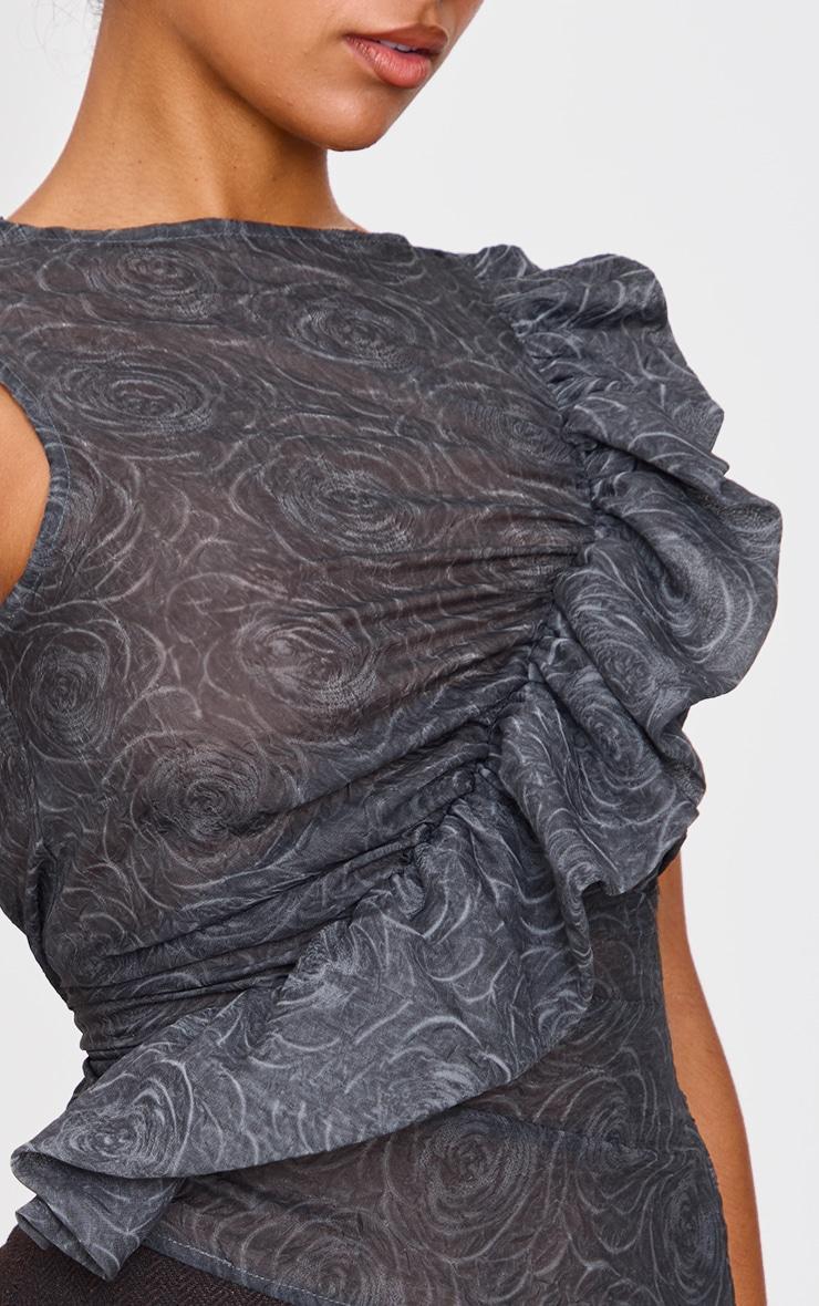 Grey Textured Fitted Chiffon Ruffle Detail Long Top Product Image