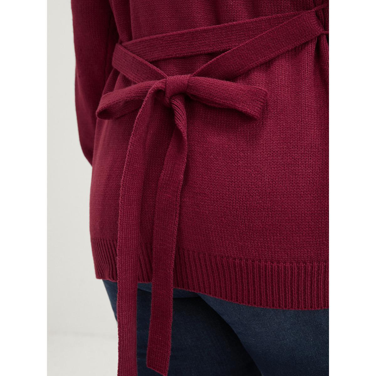 Plus Size Solid Pointelle Knit Pocket Belted Button Front Cardigan Scarlet Women Casual Loose Long Sleeve Work Cardigans BloomChic 28/5X Product Image