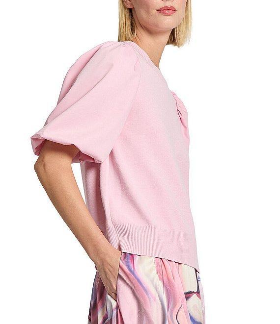 MISOOK Mix Media Round Neck Puff Sleeve Top Product Image