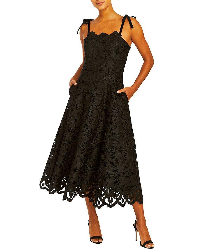 Mestiza New York Cataleya Laser Cut Lace Square Neck Tie Bow Strap Scallop Midi Dress Product Image