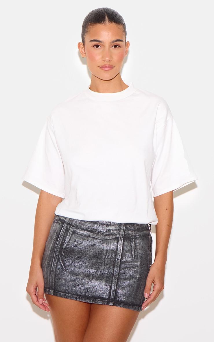 Black Silver Metallic Foil Effect Denim Mini Skirt Product Image