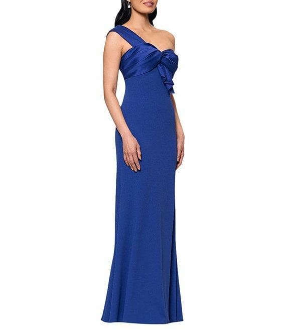 Betsy & Adam Scuba Crepe Mikado One Shoulder Mixed Media Sheath Gown Product Image