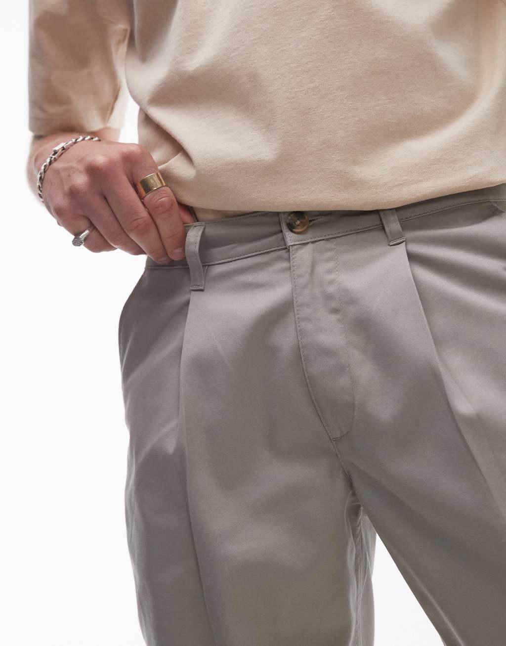 Topman twin pleated tapered pants in stone Product Image