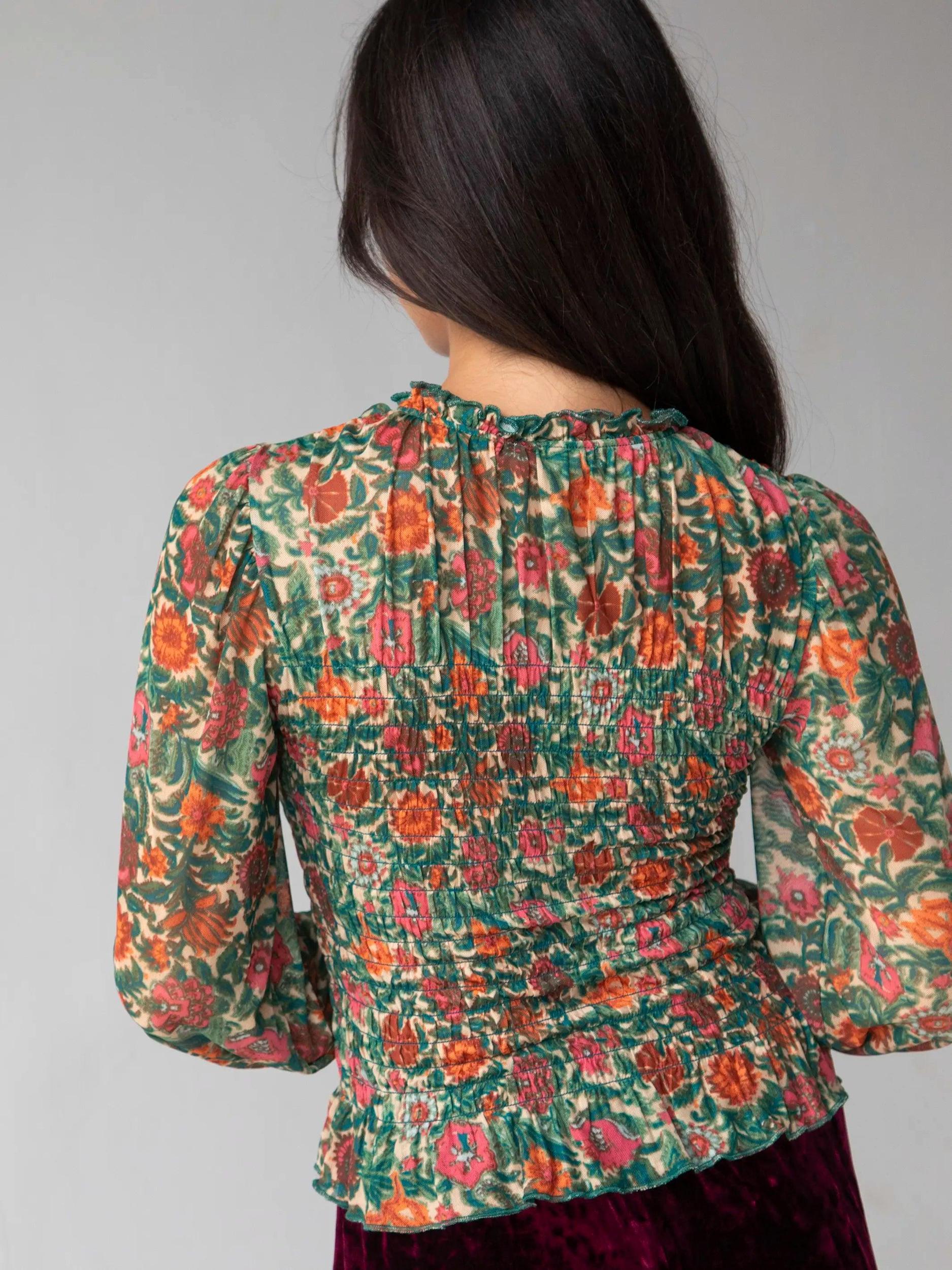 Juliana Mesh Smocked Top - Tan Pink Floral Product Image