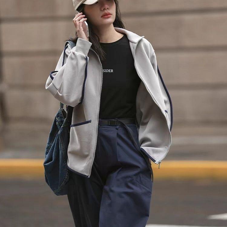 Contrast Trim Hooded Zip-Up Jacket Product Image
