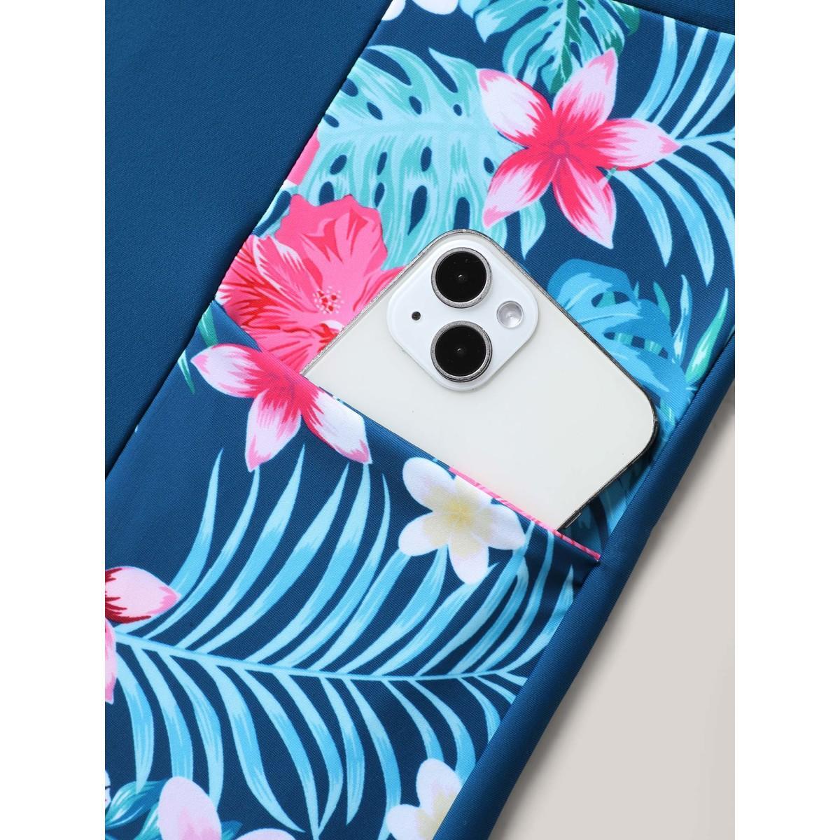 Plus Size Tropical Print Side Pockets Contrast Swim Bottoms Women's Swimwear Cyan Beach High stretch Skinny High Rise Side seam pocket Curve Swim Bottoms BloomChic 18-20/2X Product Image