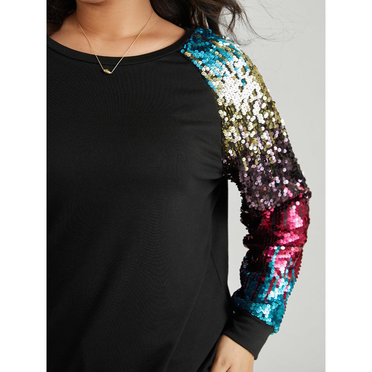 Plus Size Rainbow Sequin Patchwork Raglan Sleeve Sweatshirt Women Black Cocktail Sequin Round Neck Party Sweatshirts BloomChic 10/M Product Image