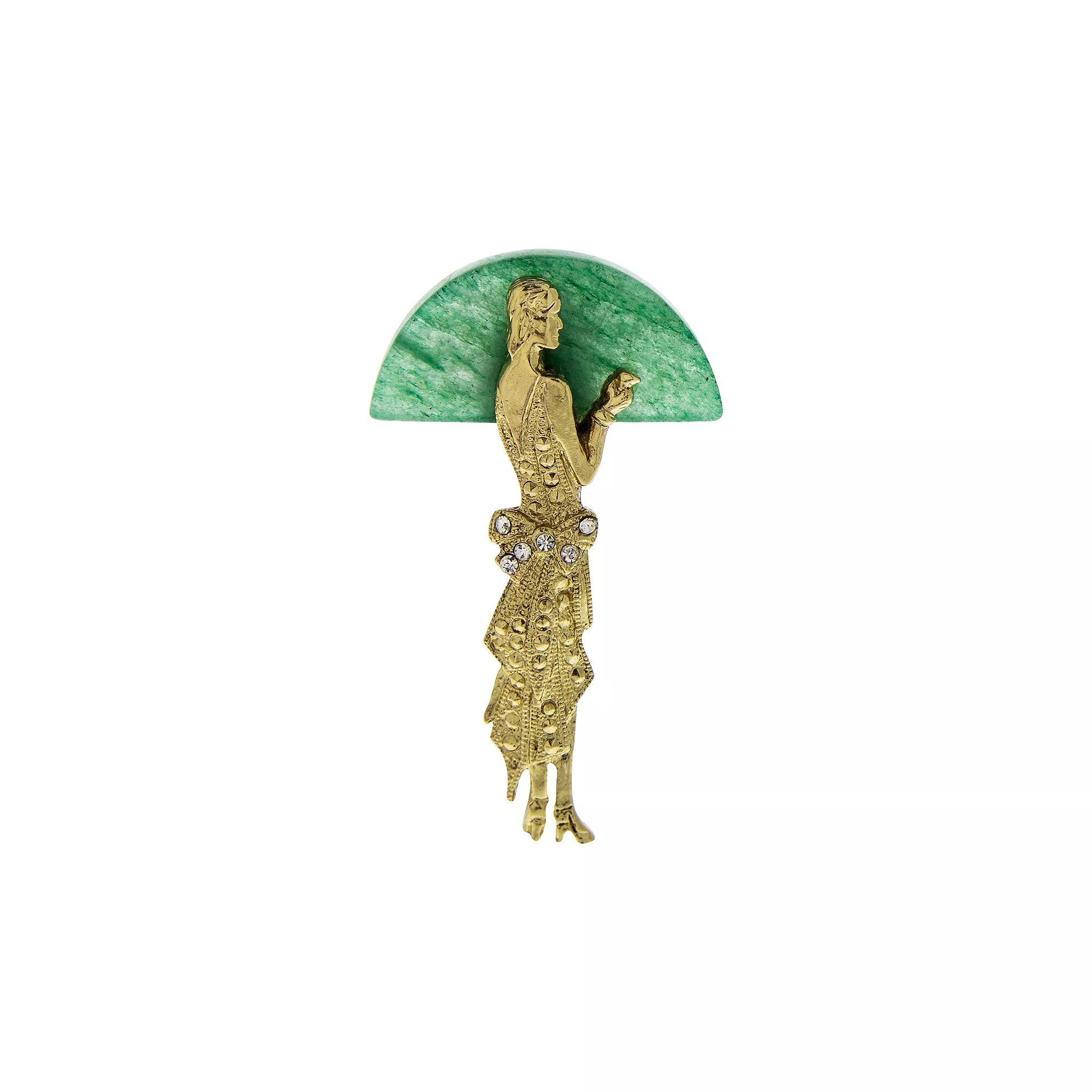 1928 Gold Tone Lady Half Moon Green Aventurine Pin, Womens Product Image