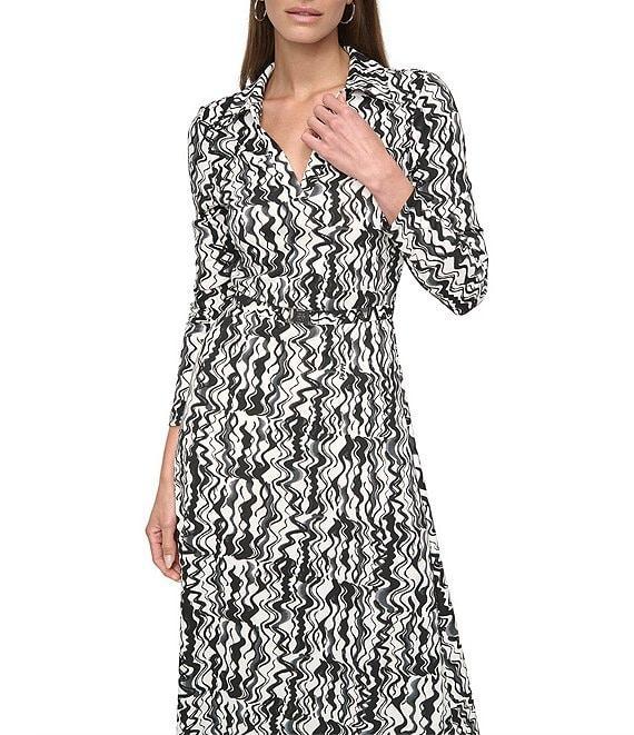 DKNY by Donna Karan Collared V-Neck 3/4 Sleeve Midi Shirt Dress Product Image