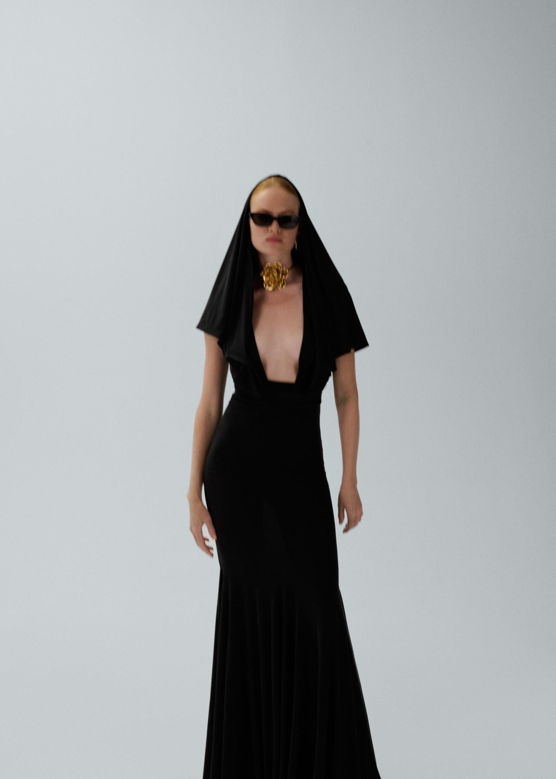 Hooded plunge maxi dress in black Product Image