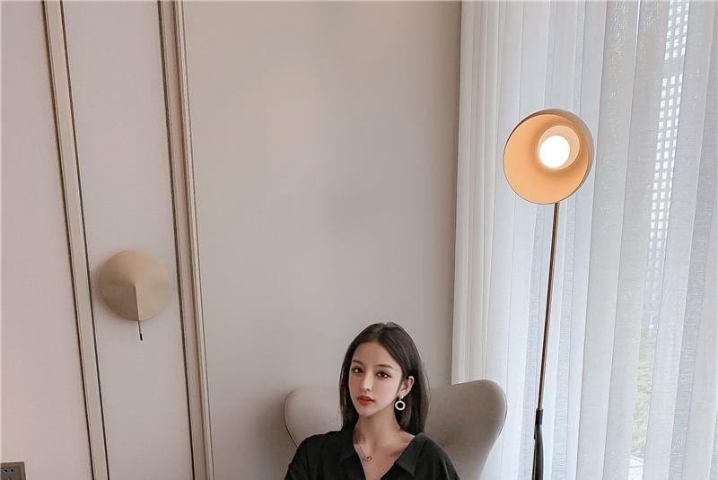 Long-Sleeve V-Neck Plain Mini A-Line Shirt Dress Product Image