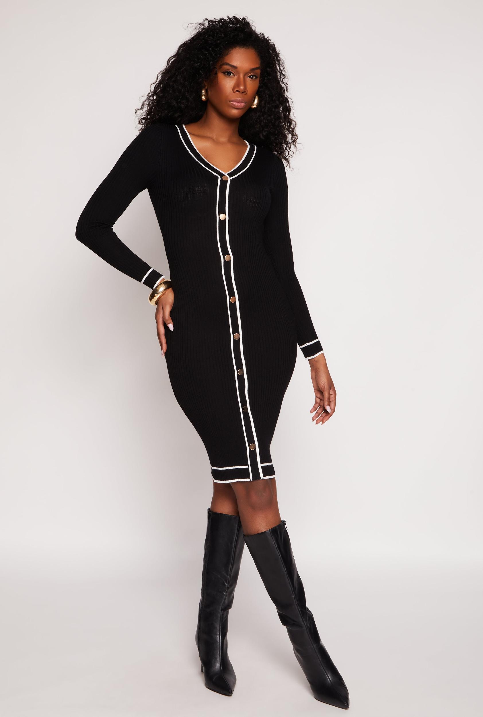 Womens Contrast Trim Button Detail Sweater Dress Product Image