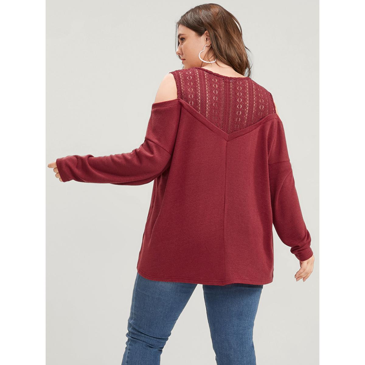 Plus Size Solid Lace Mesh Cold Shoulder Sweatshirt Women Burgundy Elegant See through Round Neck Dailywear Sweatshirts BloomChic 30/6X Product Image