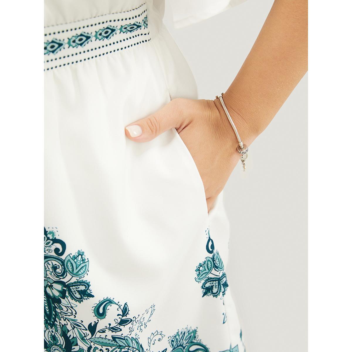Plus Size Emerald Bandana Print Ruffle Sleeve Pocket Button Detail Romper Women Vacation Short sleeve V-neck Dailywear Loose Jumpsuits BloomChic 10/M Product Image