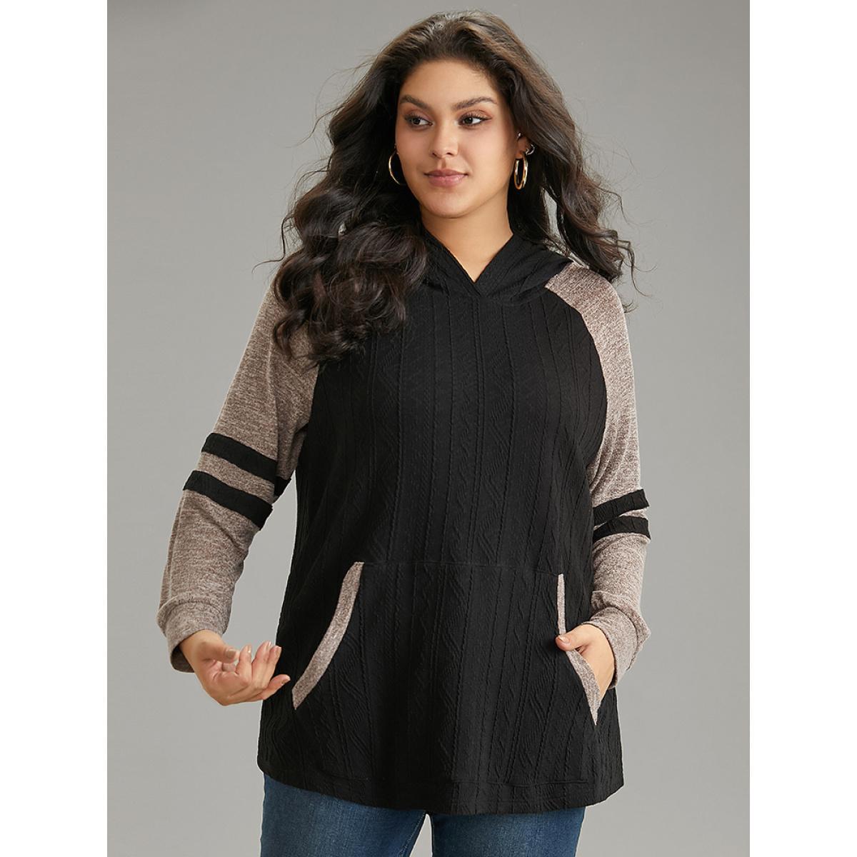 Plus Size Contrast Textured Raglan Sleeve Pocket Hooded Sweatshirt Women Black Casual Texture Hooded Dailywear Sweatshirts BloomChic 18-20/2X Product Image