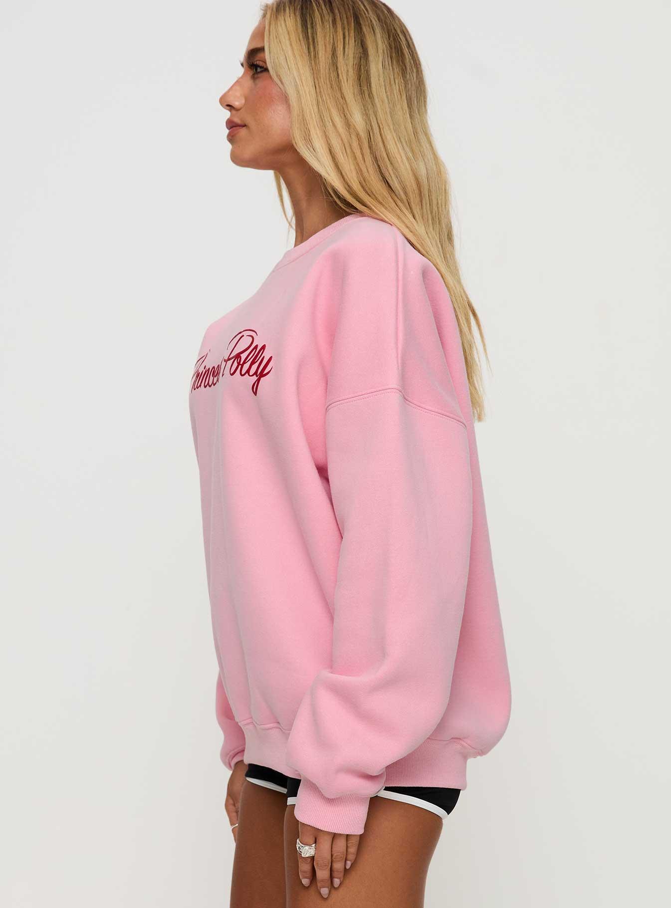 Princess Polly Classic Crew Neck Sweatshirt Bubble Text Pink Product Image
